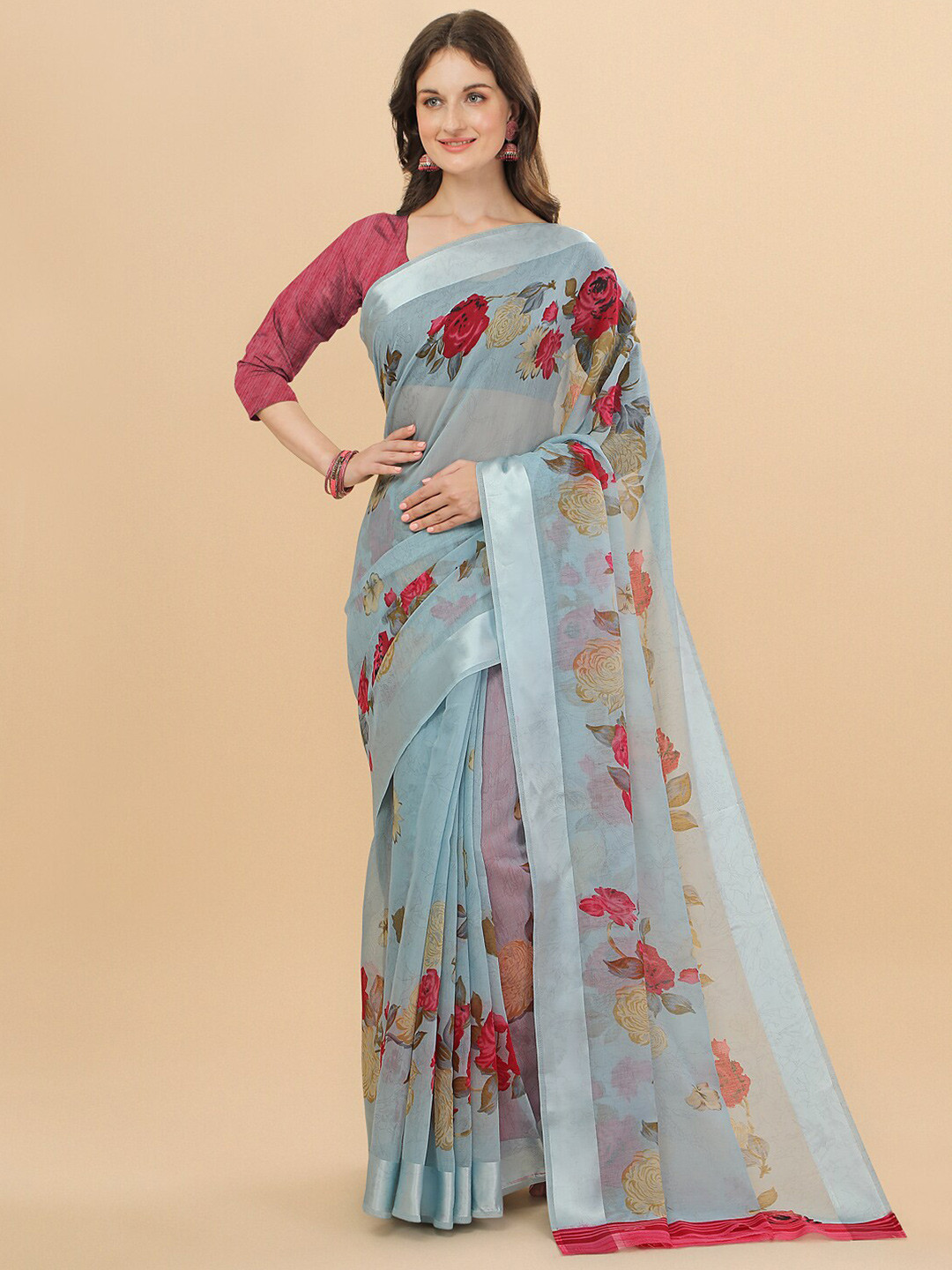 

Sangria Blue And Red Floral Print Saree