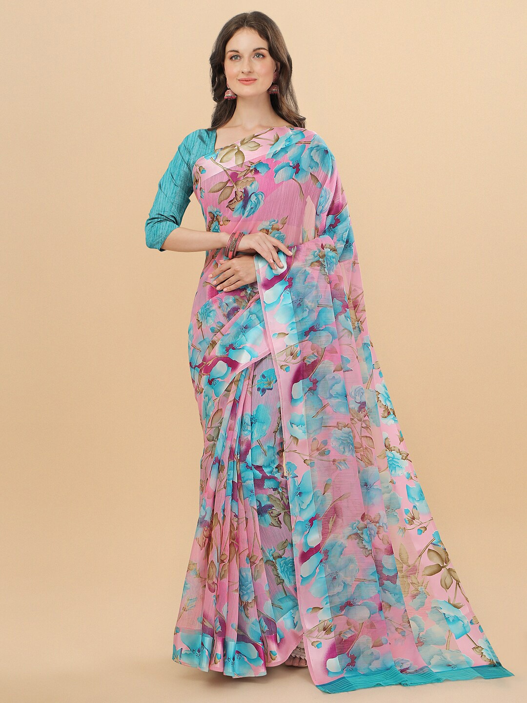 

Sangria Pink And Blue Floral Print Saree