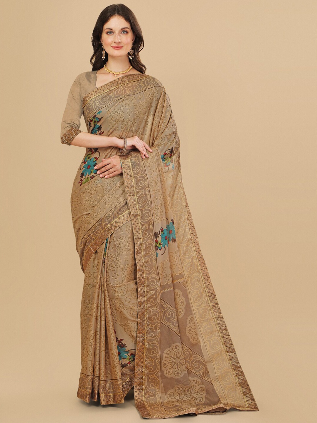 

Sangria Brown & Blue Floral Pure Chiffon Saree