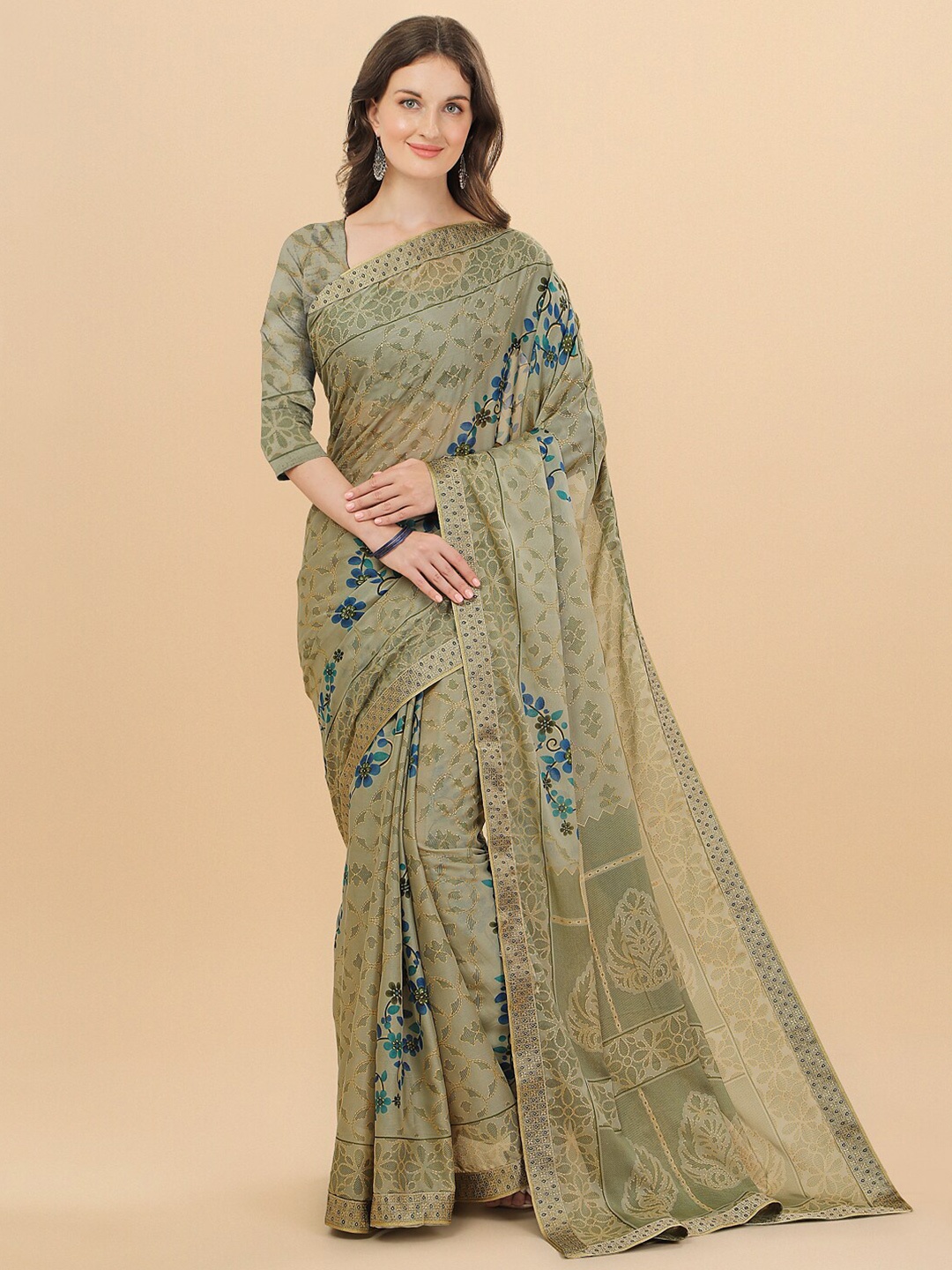 

Sangria Green & Blue Zari Pure Chiffon Saree