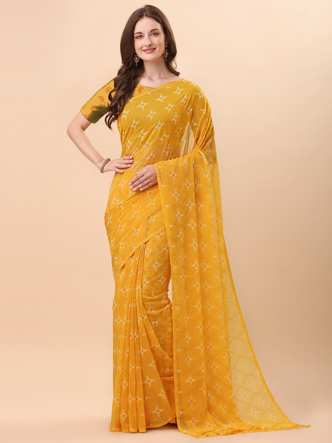 

Sangria Yellow Geometric Print Pure Chiffon Saree