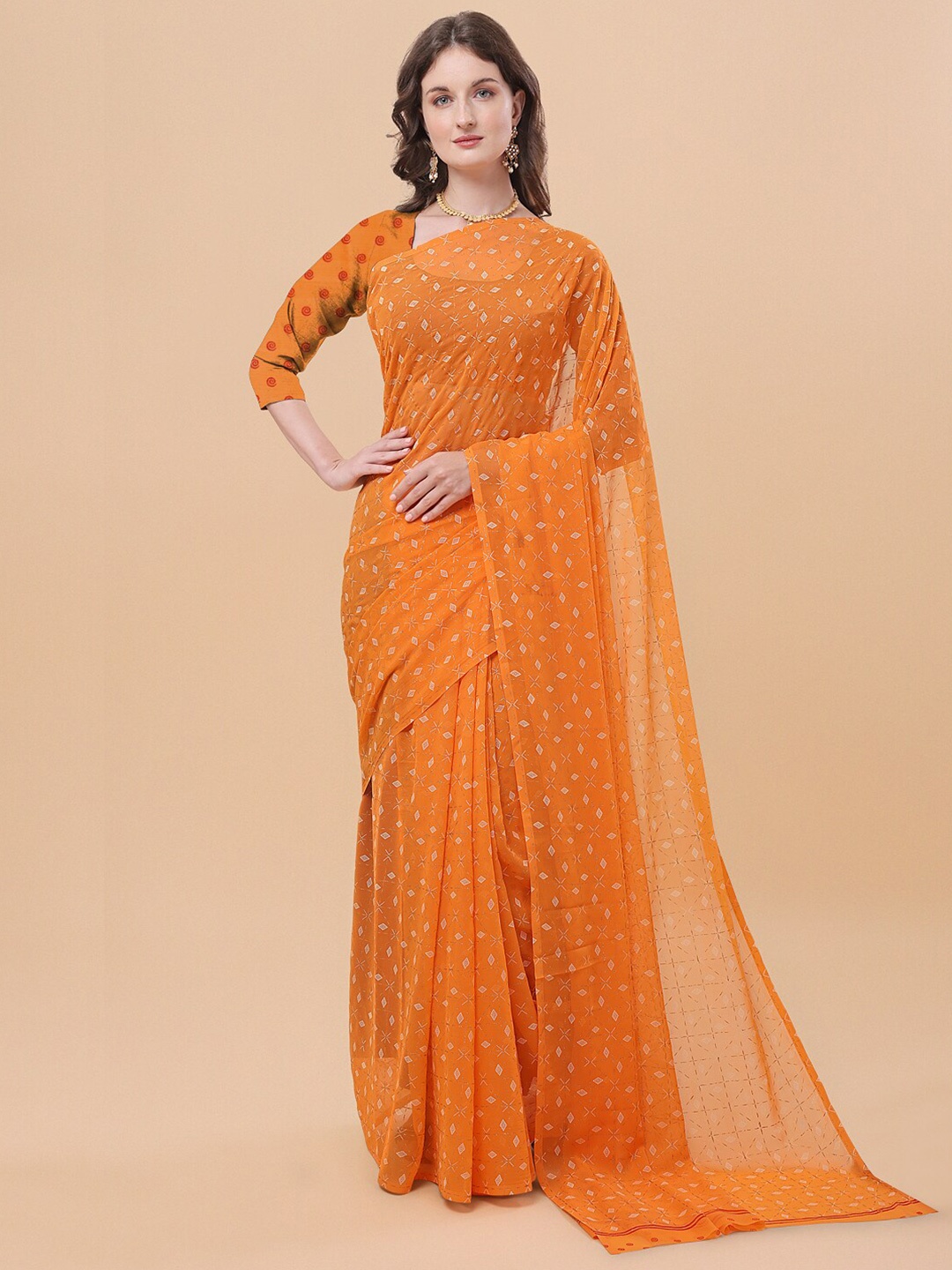 

Sangria Orange & White Printed Pure Chiffon Saree