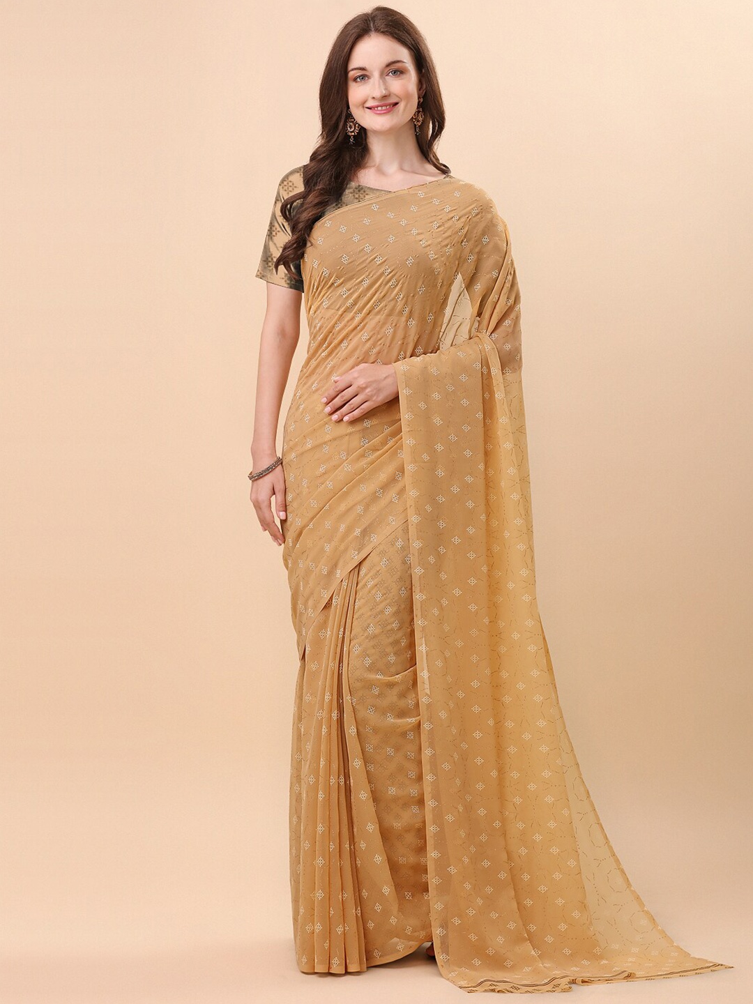 

Sangria Beige Ethnic Motifs Print Pure Chiffon Saree