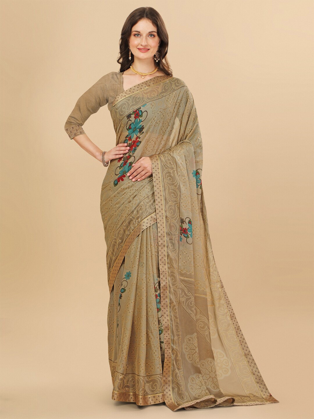

Sangria Gold-Toned Floral Pure Chiffon Saree