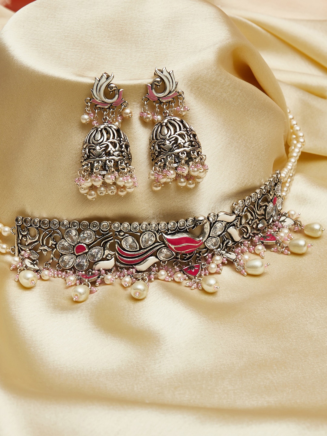 

Voylla Pink & Off-White Silver-Plated Stone Studded & Beaded Enamelled Jewellery Set