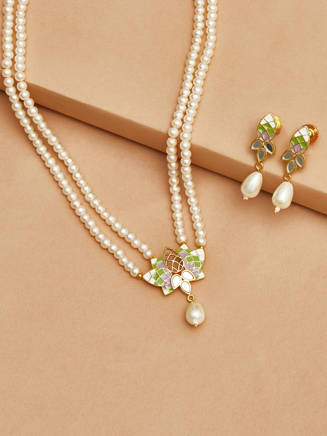 

Voylla Woman Gold-Plated & Green Pearl Necklace Pendant and Earrings