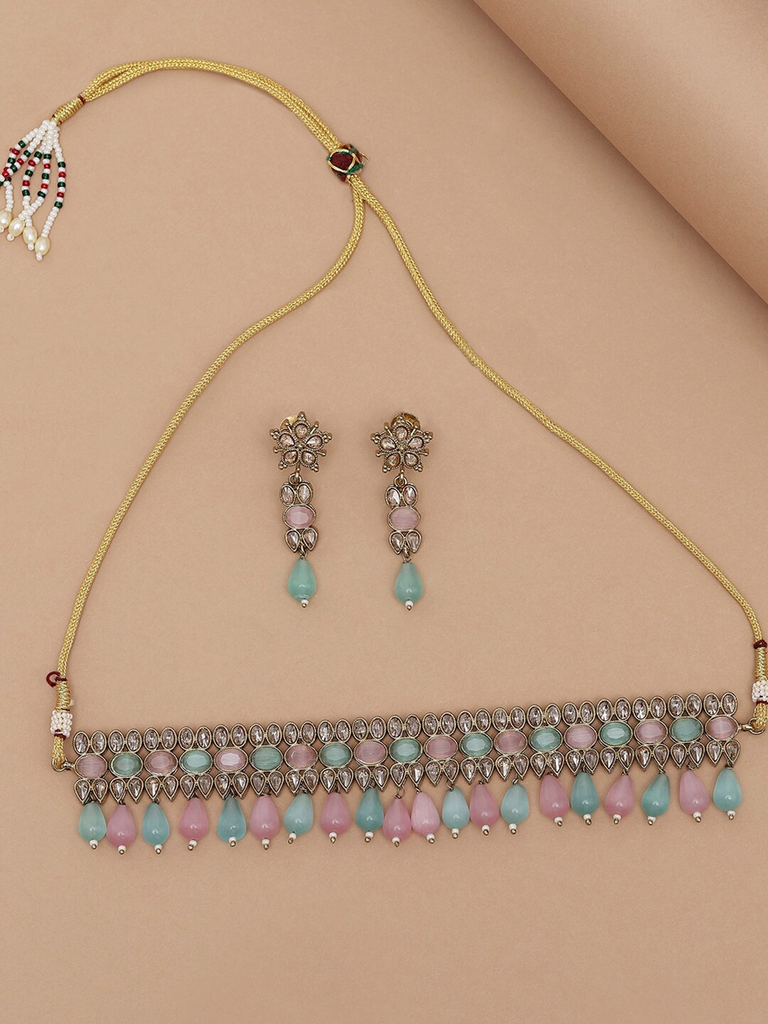 

Voylla Gold-Plated Pink & Turquoise Blue Beaded Choker Jewellery Set