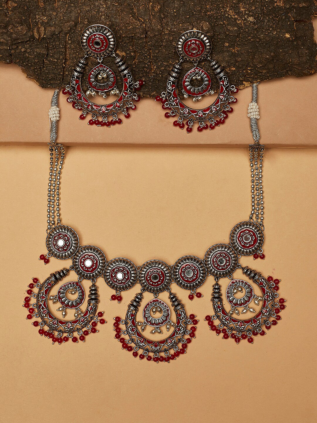 

Voylla Silver-Plated Red Oxidised Jewellery Set