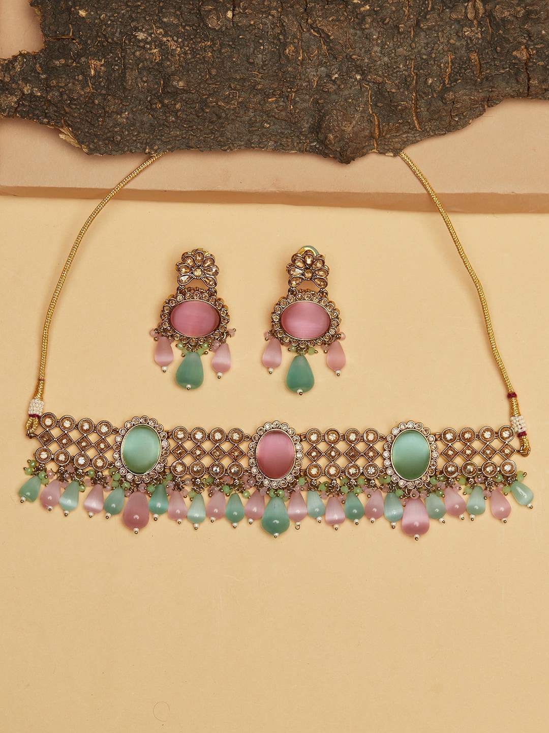 

Voylla Gold-Plated Pink & Blue Gemstones Polki Necklace Jewellery Set