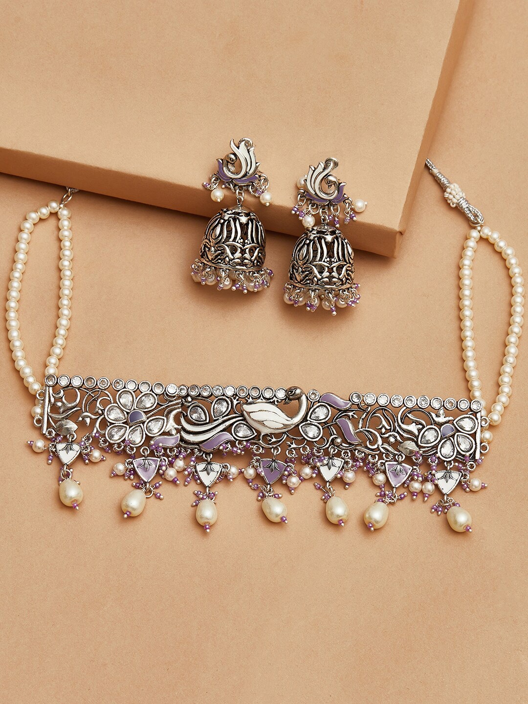 

Voylla Silver-Toned Round Faux Pearls Beaded Brass Jewellery Set