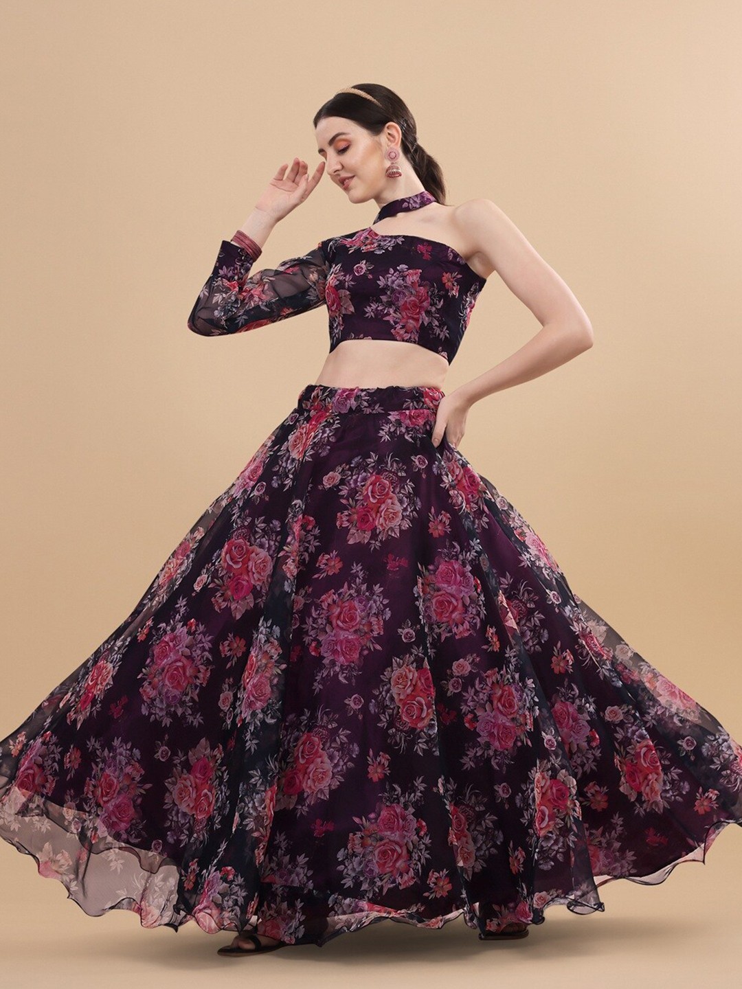 

Ethnic Yard Women Pink & Purple Printed Semi-Stitched Lehenga & Unstitched Blouse
