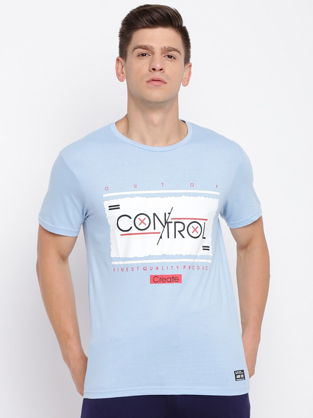 

abof Men Blue Typography Printed Cotton T-shirt