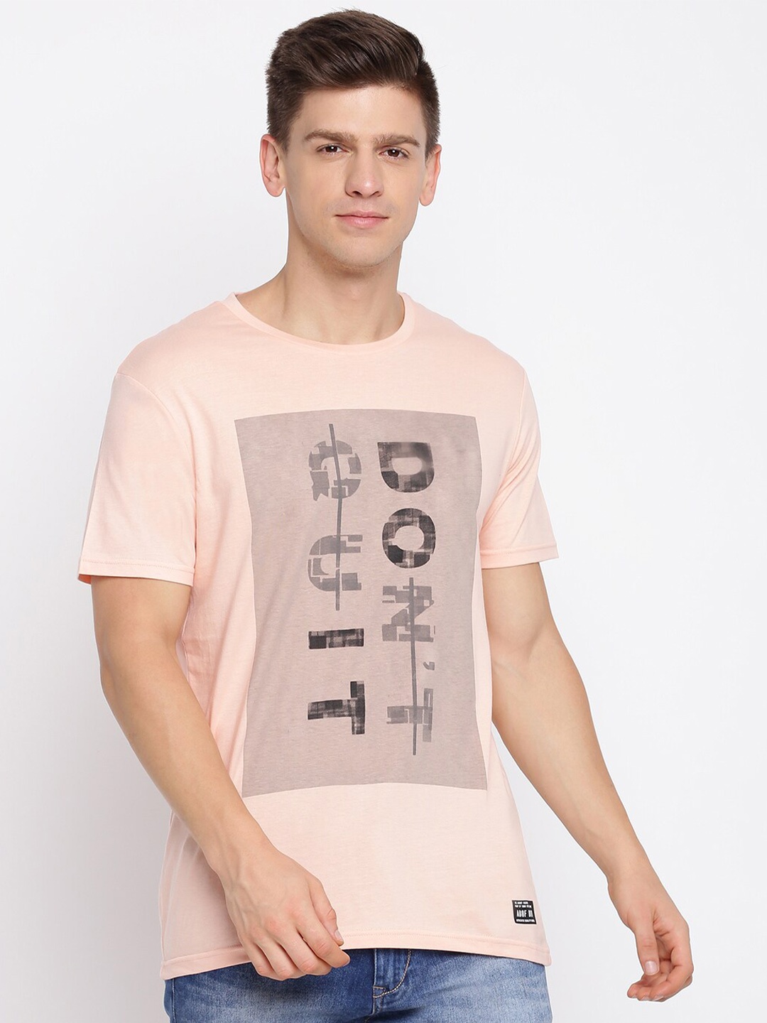 

abof Men Peach-Coloured Typography Printed Cotton T-shirt