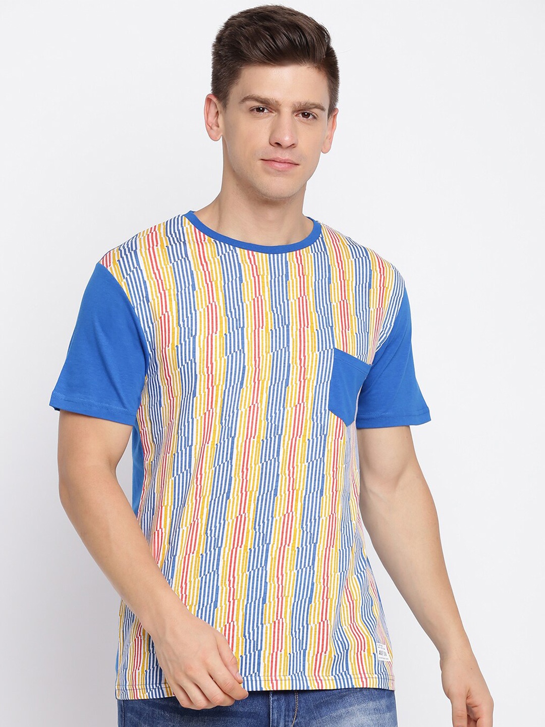 

abof Men Blue & Yellow Striped T-shirt