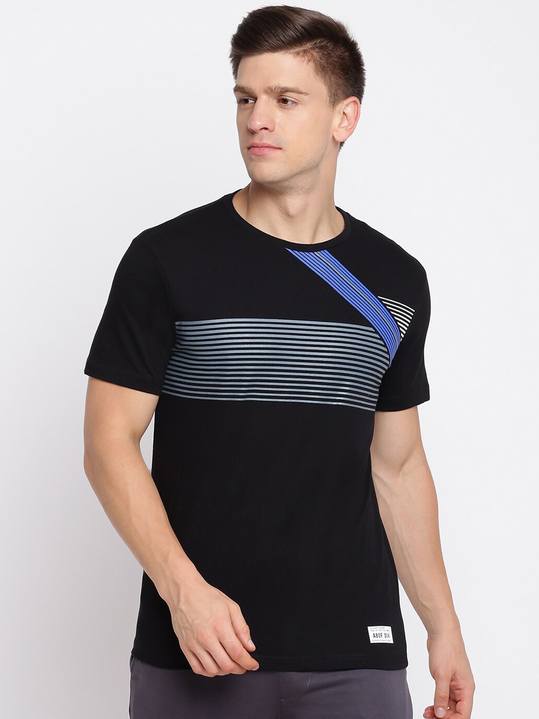 

abof Men Black Striped Polo Collar Cotton T-shirt