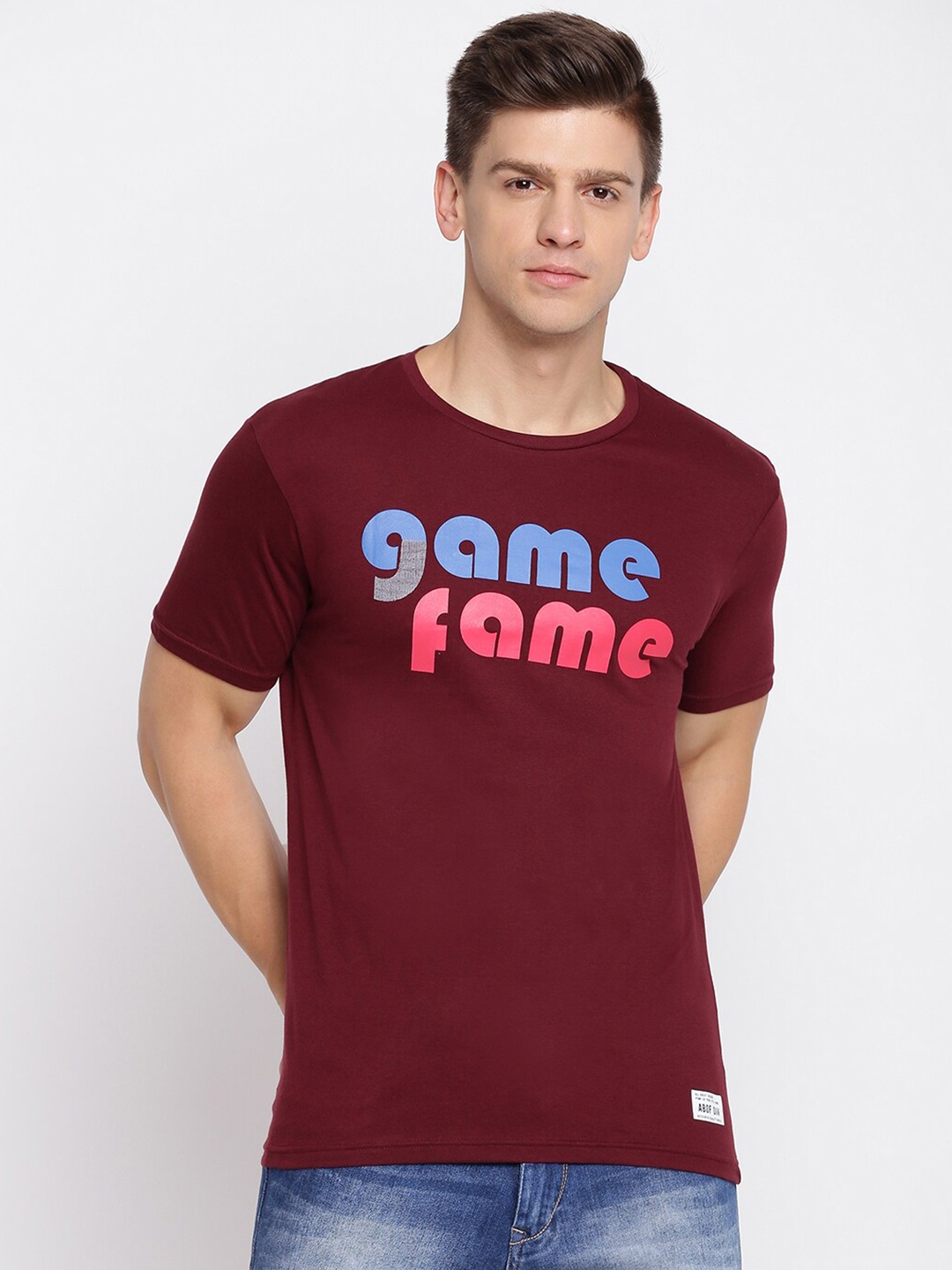 

abof Men Burgundy Typography Printed T-shirt