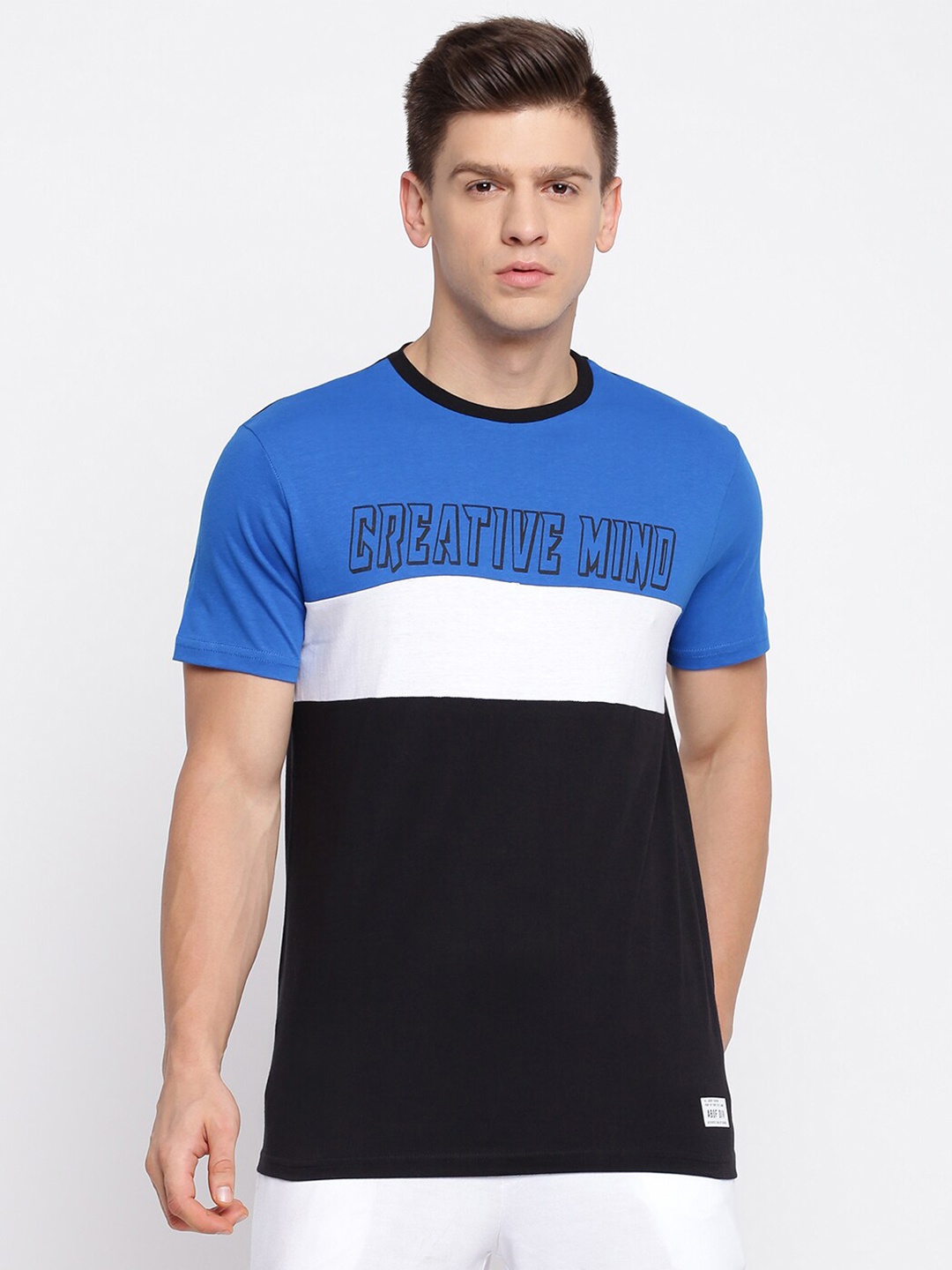 abof Men Blue & Black Typography Colourblocked Round Neck Short Sleeves T-shirt
