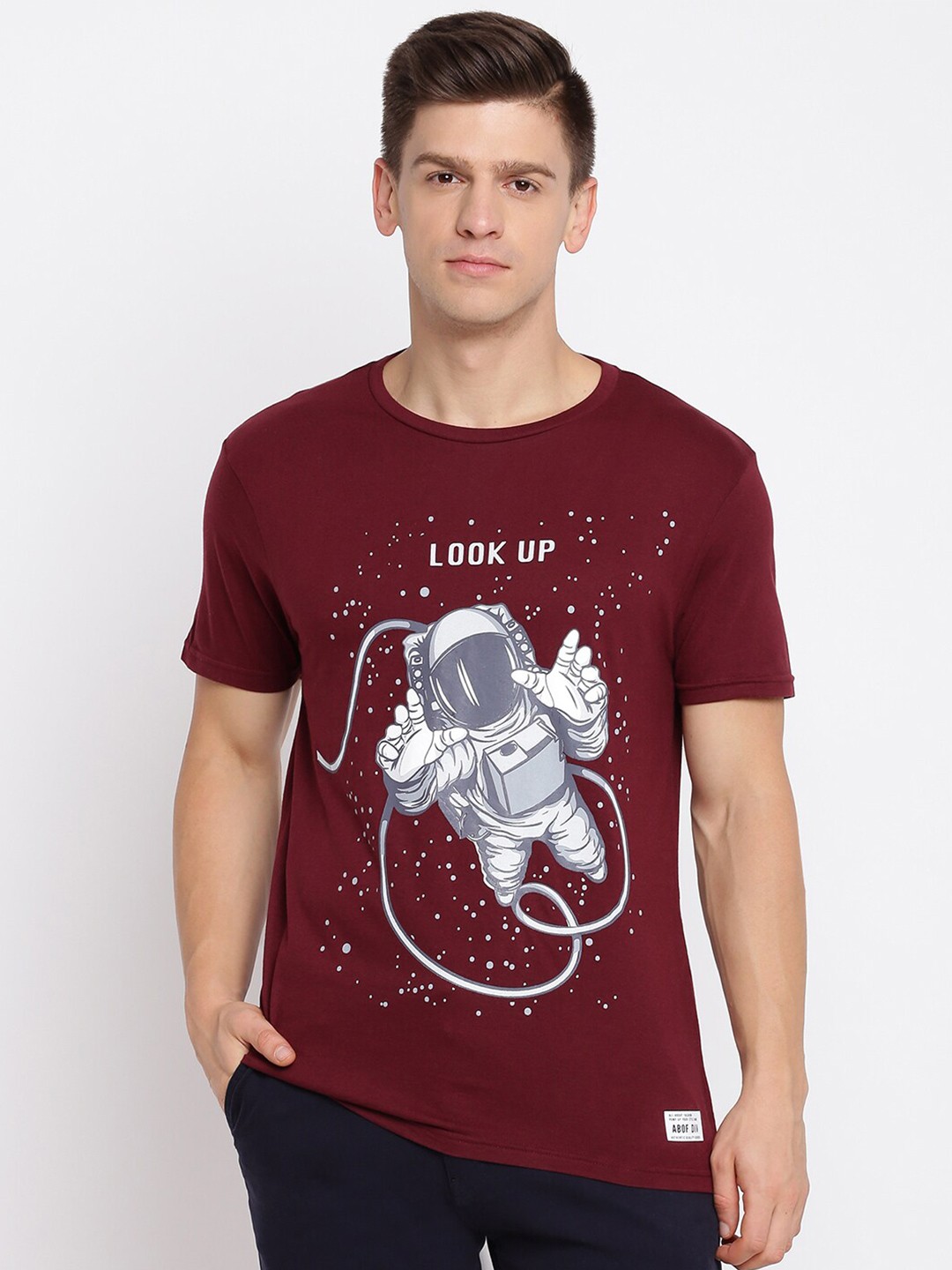 

abof Men Burgundy Printed Round Neck Short Sleeves T-shirt