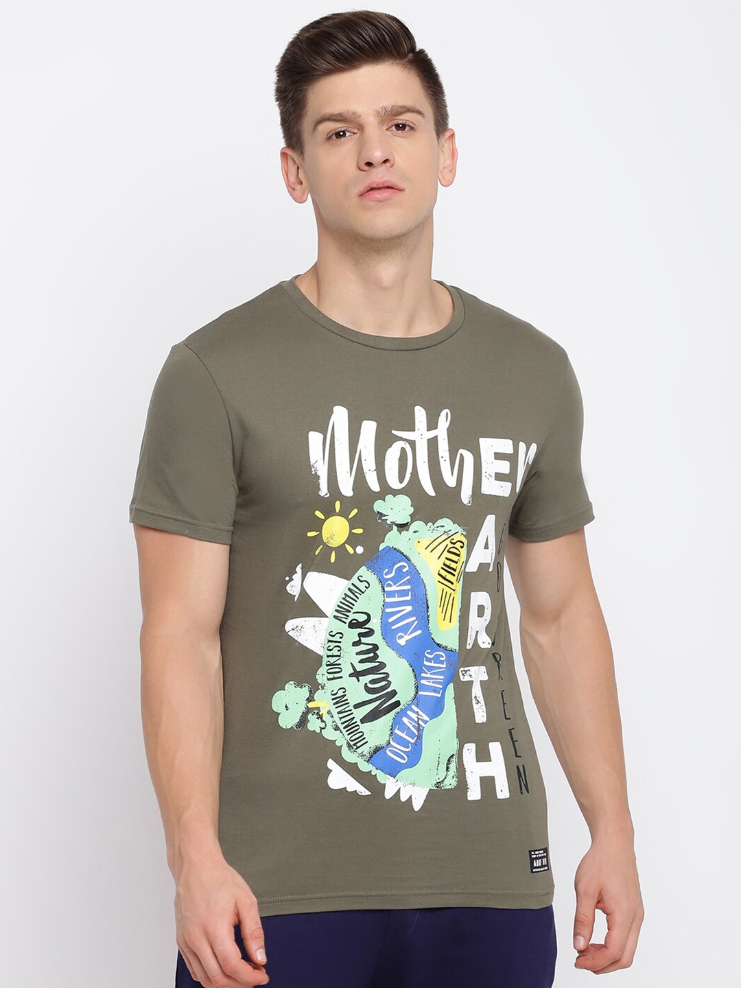 

abof Men Olive Green Printed Round Neck Short Sleeves T-shirt