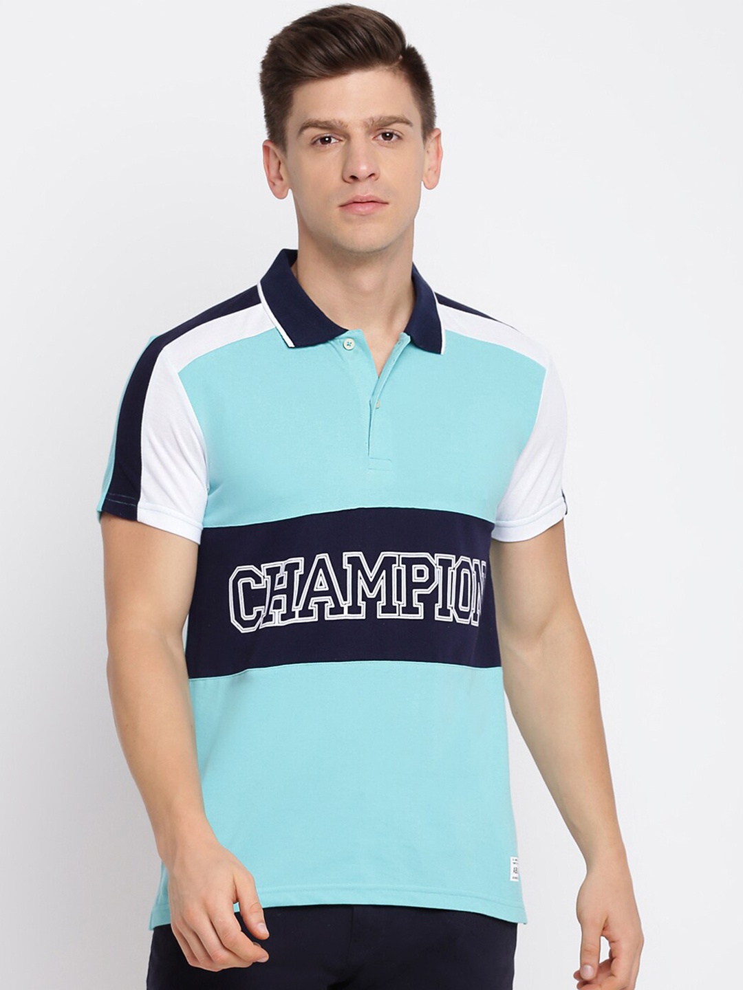 

abof Men Blue & Black Colourblocked Polo Collar Slim Fit T-shirt