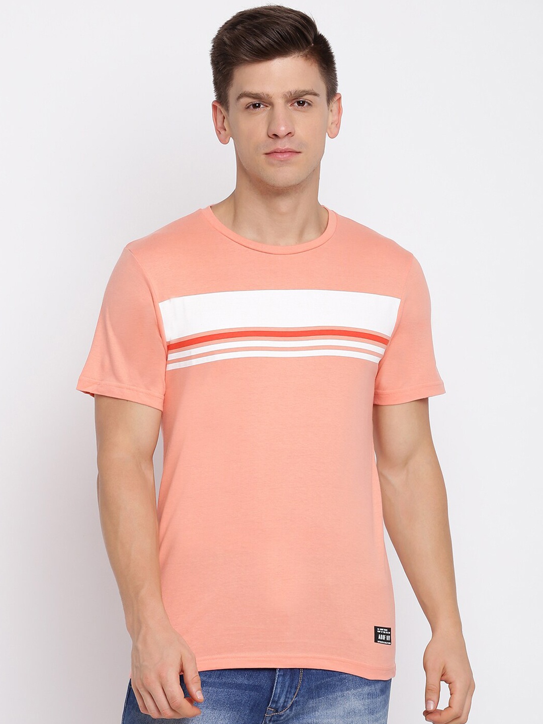 

abof Men Pink Striped V-Neck Round Neck Short Sleeves T-shirt