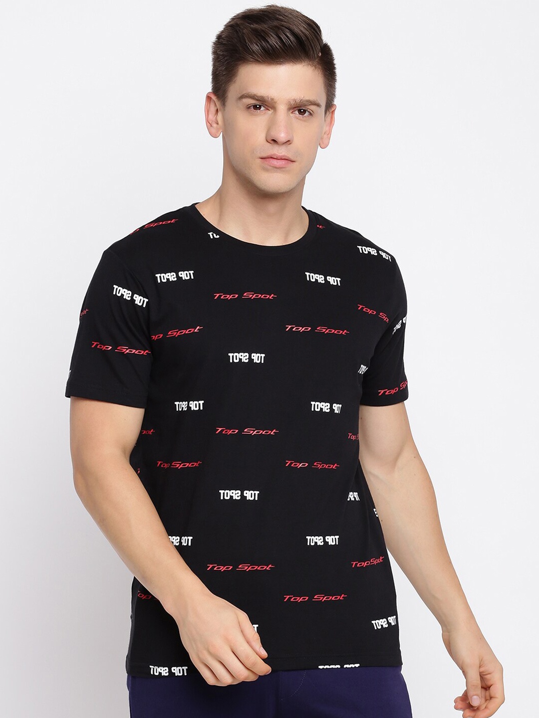 

abof Men Black Printed Round Neck Short Sleeves T-shirt