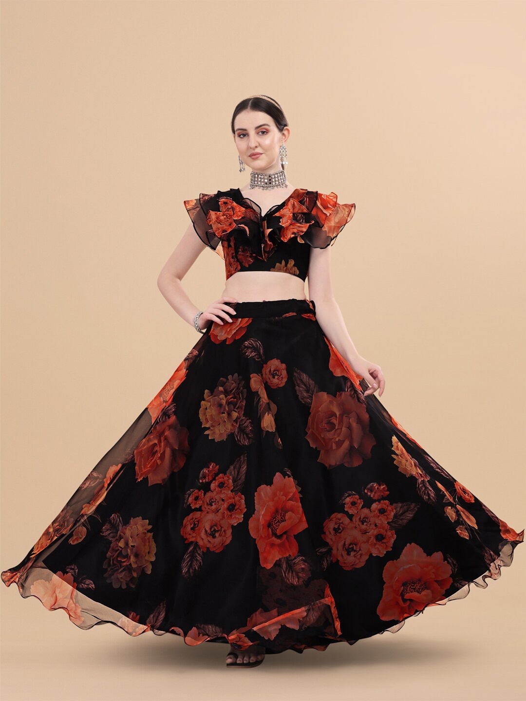 

Fashion Basket Orange & Black Printed Semi-Stitched Lehenga & Unstitched
