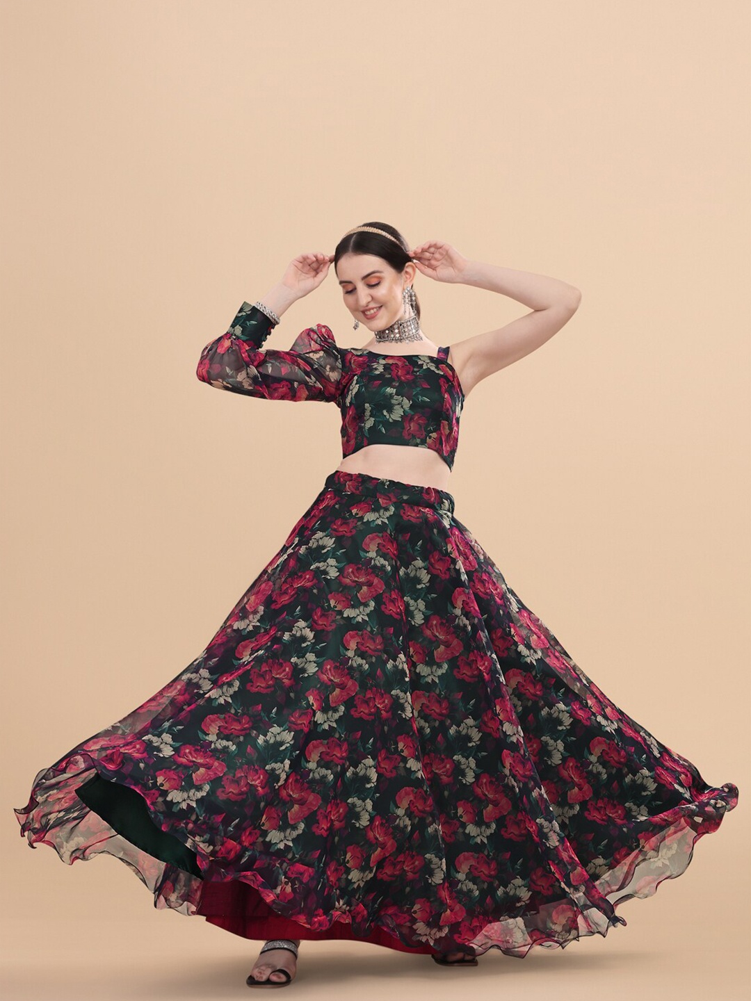 

Fashion Basket Women Red & Black Printed Semi-Stitched Lehenga & Unstitched