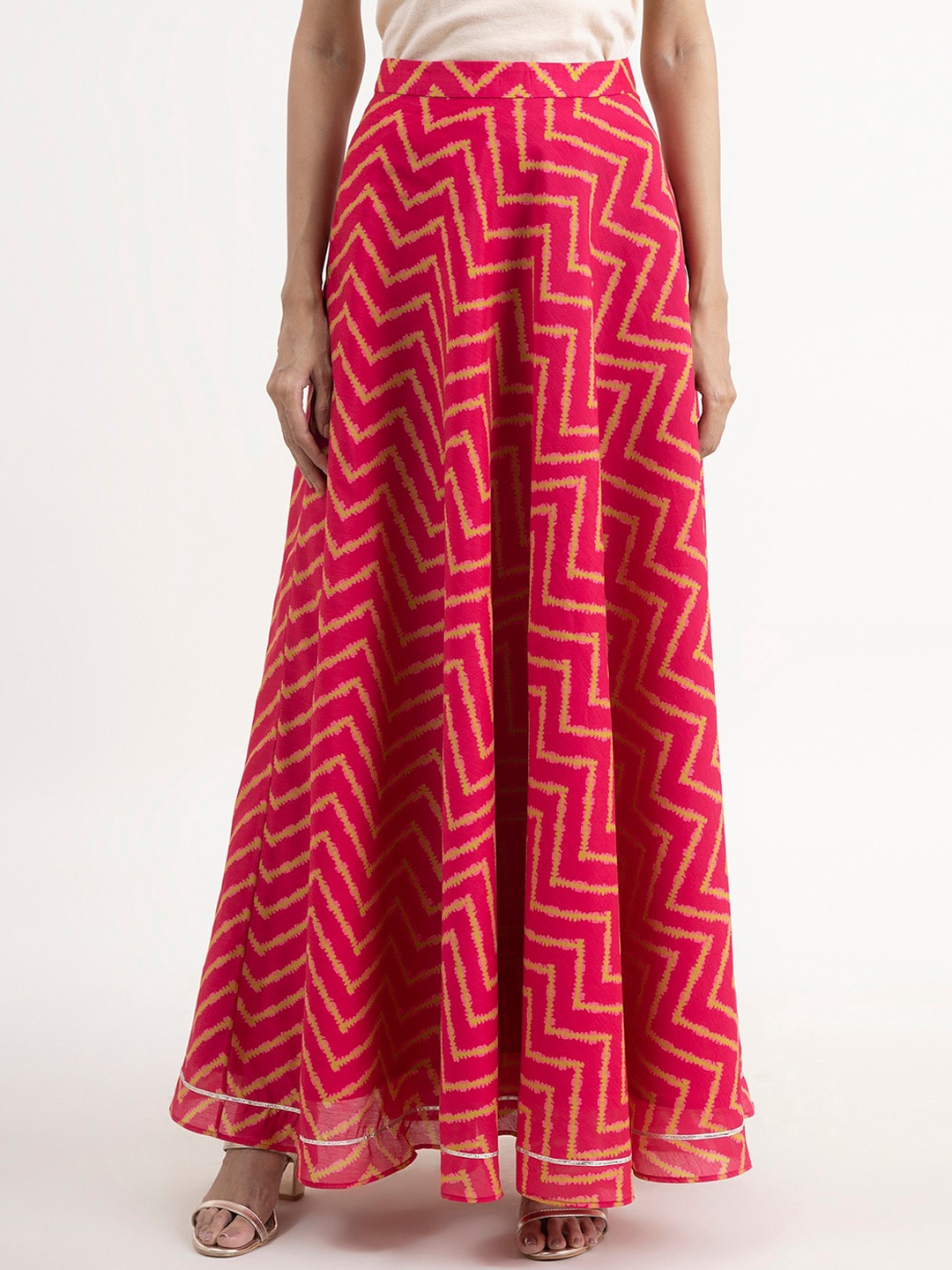 

Pink Fort Women Pink Chanderi Chevron Print Long Skirt