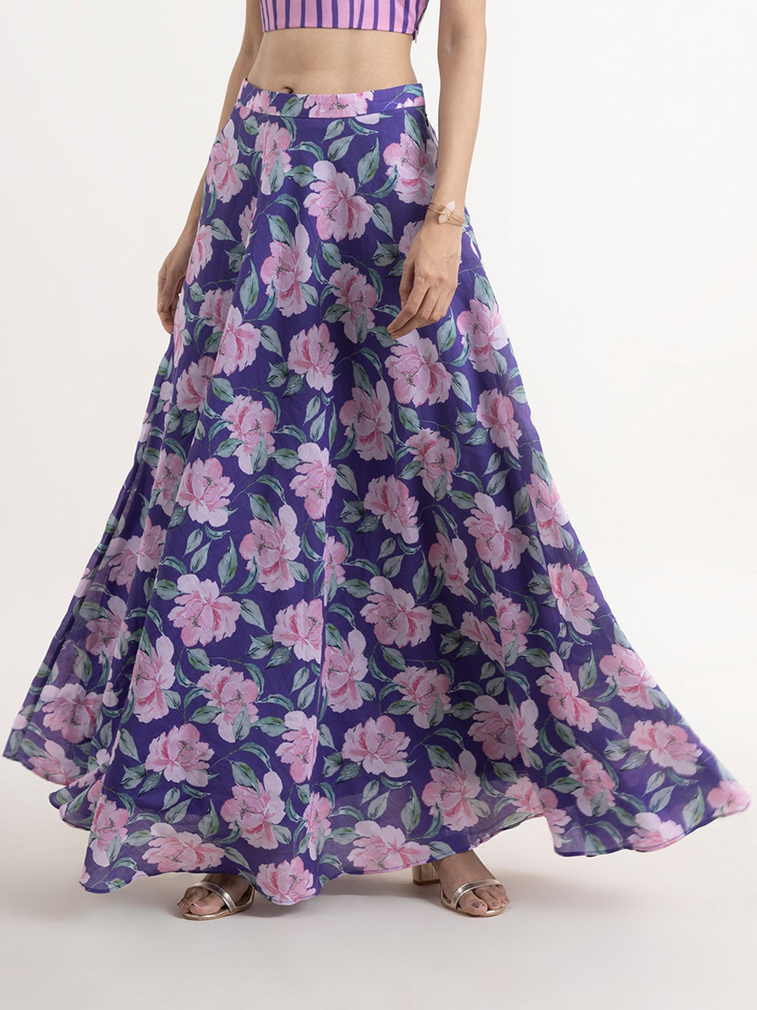 

Pink Fort Violet & Pink Printed Floral Maxi Flared Skirt