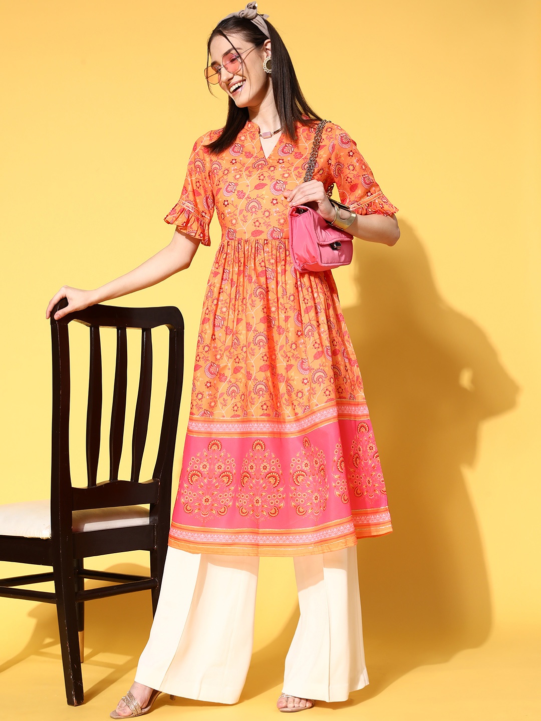 

SKYLEE Women Lovely Orange Cotton Print Parade Kurta