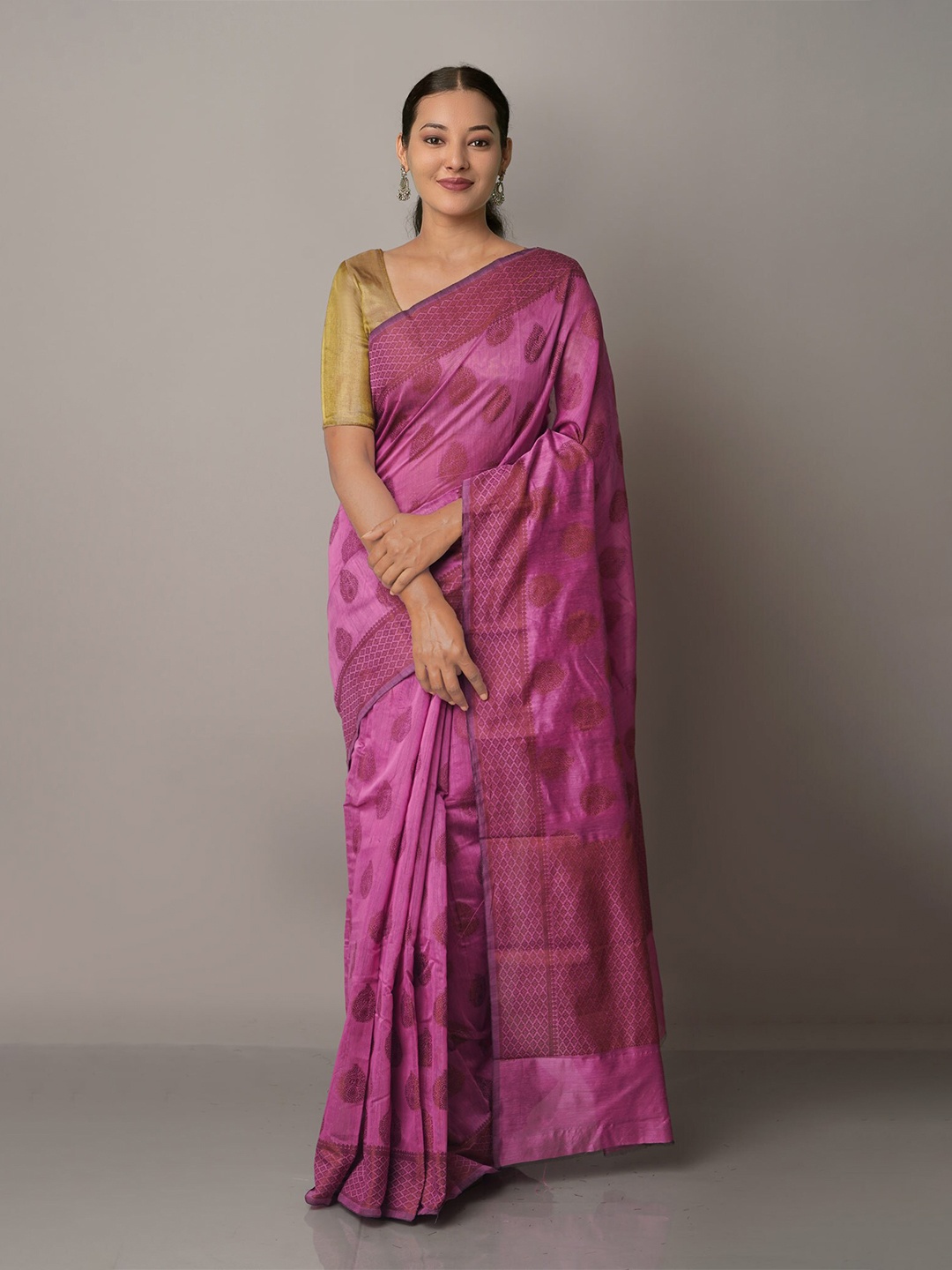

Unnati Silks Purple & Gold-Toned Ethnic Motifs Zari Silk Cotton Chanderi Saree