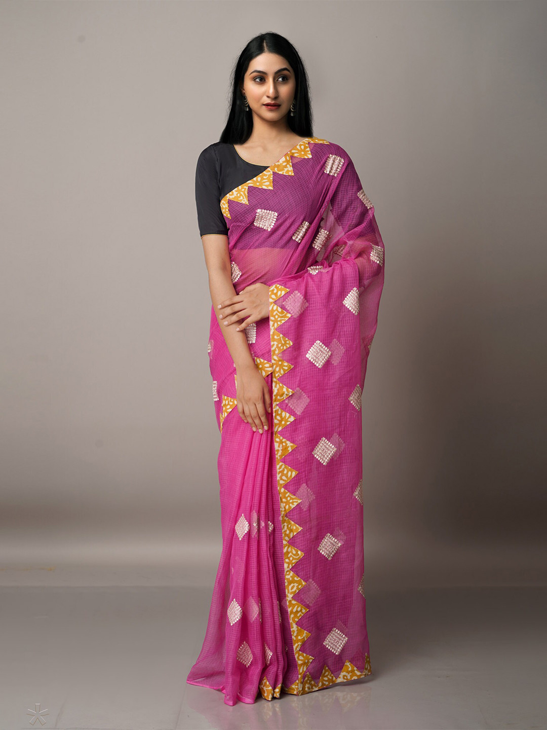 

Unnati Silks Pink & Yellow Ethnic Motifs Embroidered Supernet Patola Saree