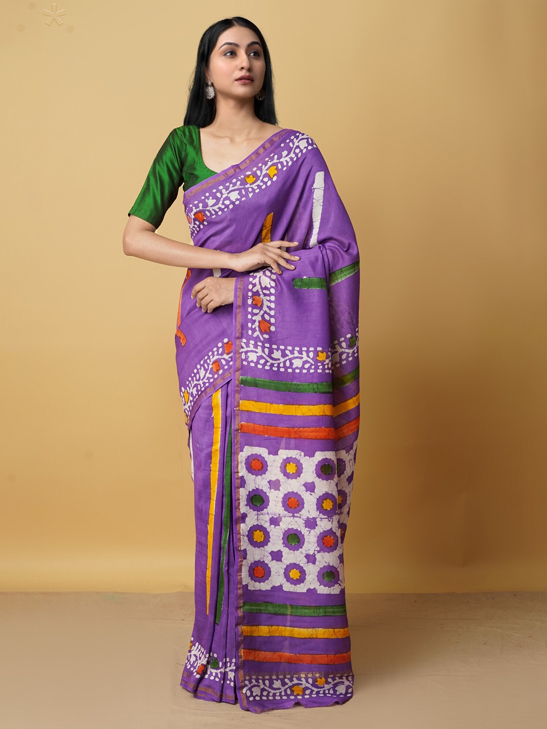 

Unnati Silks Violet & White Batik Zari Silk Cotton Chanderi Saree