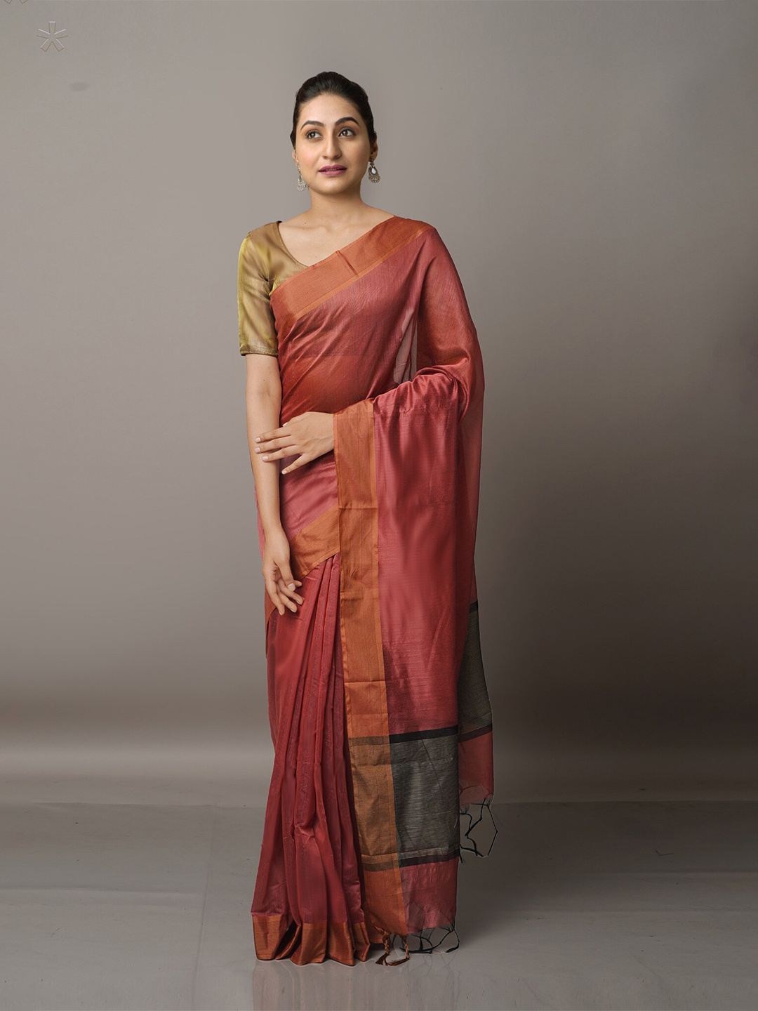 

Unnati Silks Maroon & Black Zari Silk Cotton Chanderi Saree