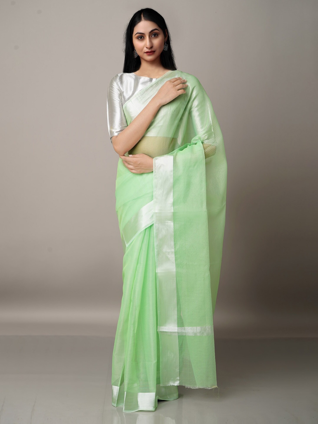 

Unnati Silks Sea Green & Silver-Toned Zari Pure Cotton Kota Saree