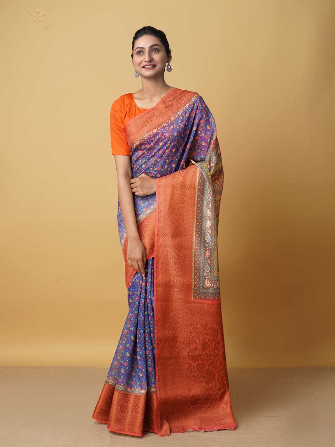 

Unnati Silks Blue & Orange Floral Zari Silk Cotton Maheshwari Saree