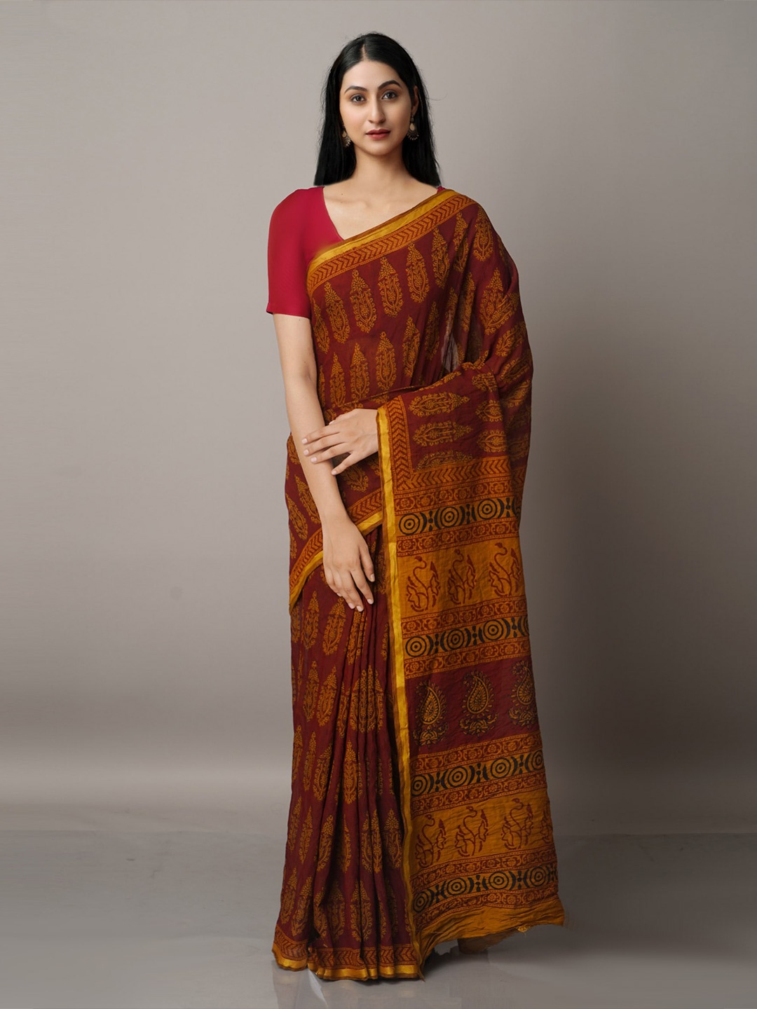 

Unnati Silks Maroon & Gold-Toned Ethnic Motifs Zari Chanderi Saree