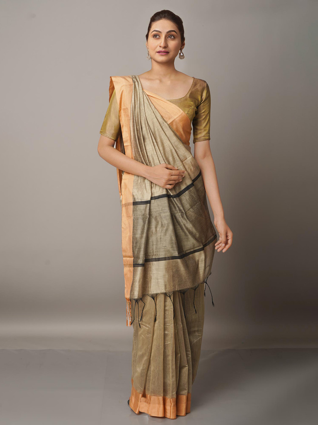 

Unnati Silks Grey & Black Zari Silk Cotton Chanderi Saree