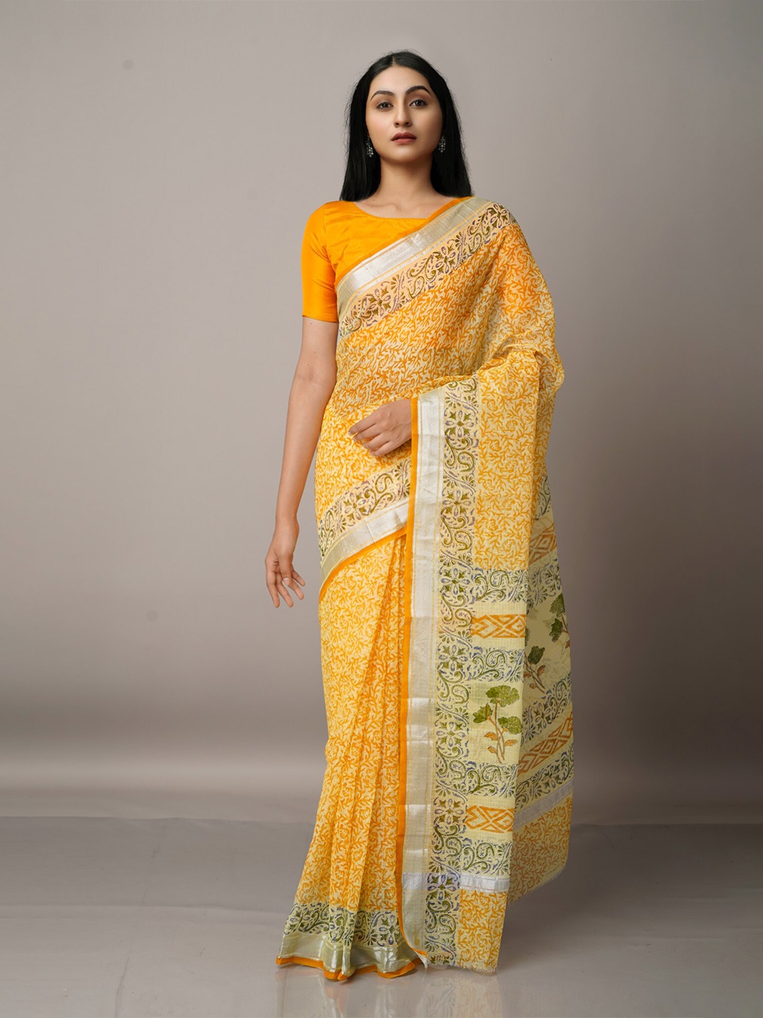 

Unnati Silks Orange & Green Ethnic Motifs Zari Pure Cotton Kota Saree