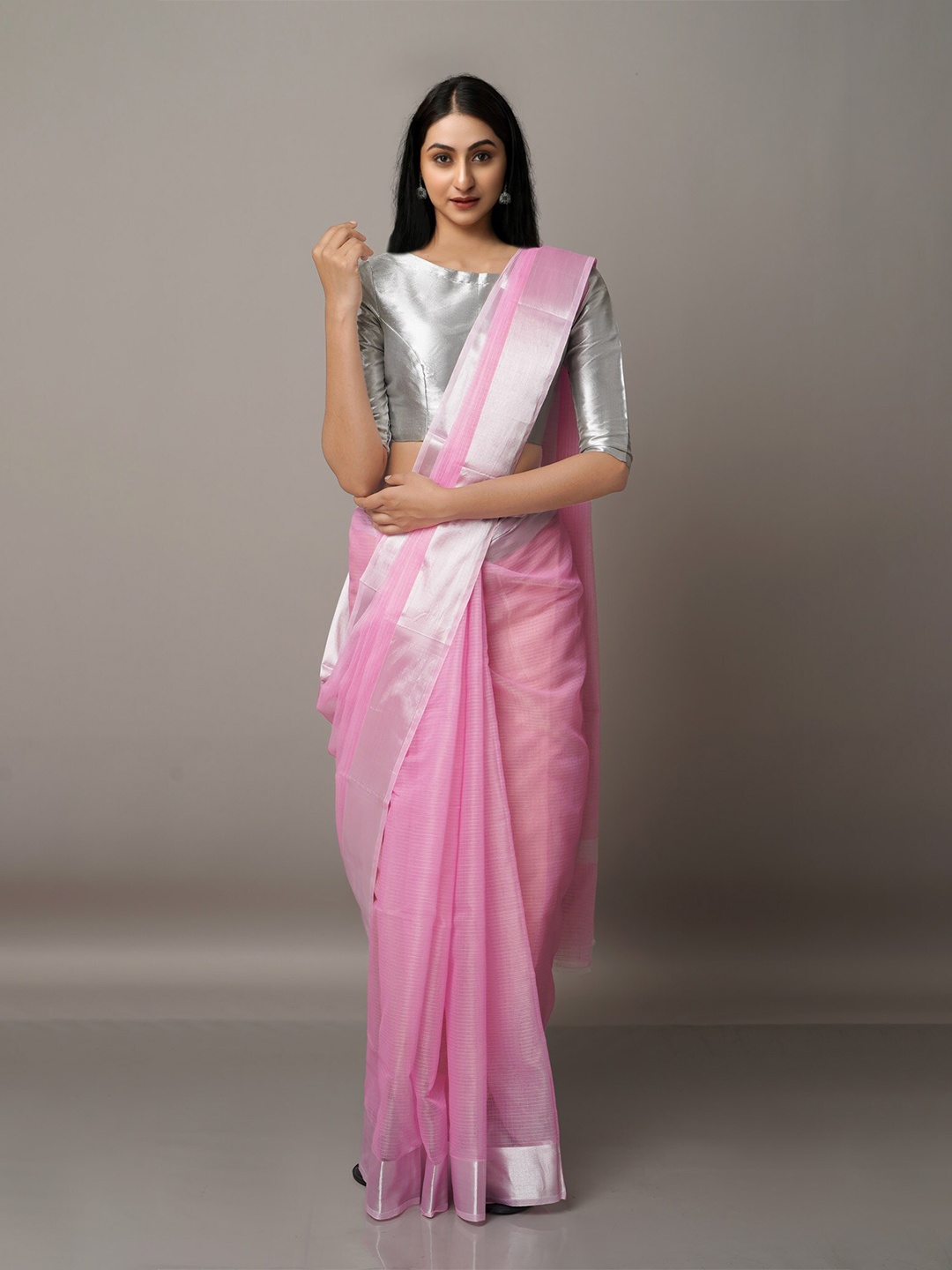 

Unnati Silks Pink & Silver-Toned Zari Pure Cotton Kota Saree