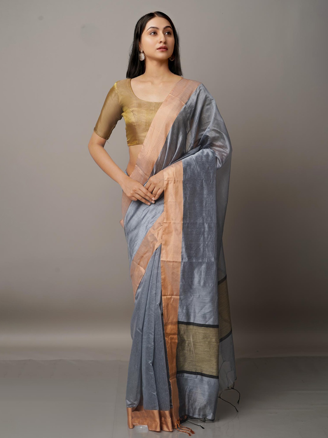 

Unnati Silks Grey & Black Zari Silk Cotton Chanderi Saree