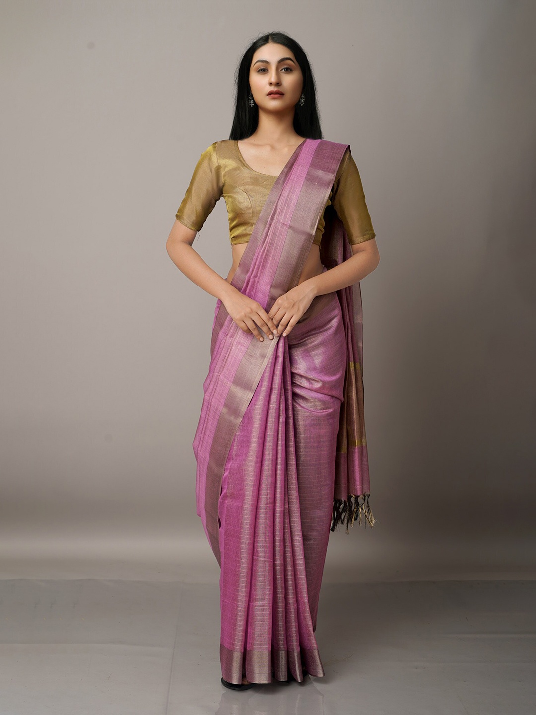 

Unnati Silks Pink & Grey Striped Zari Silk Cotton Chanderi Saree