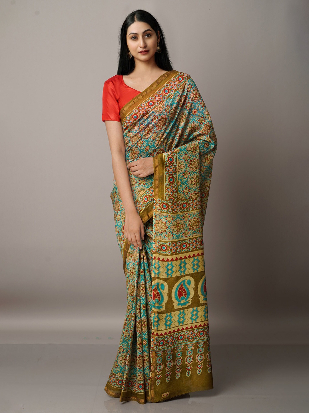 

Unnati Silks Blue & Maroon Zari Silk Cotton Chanderi Saree