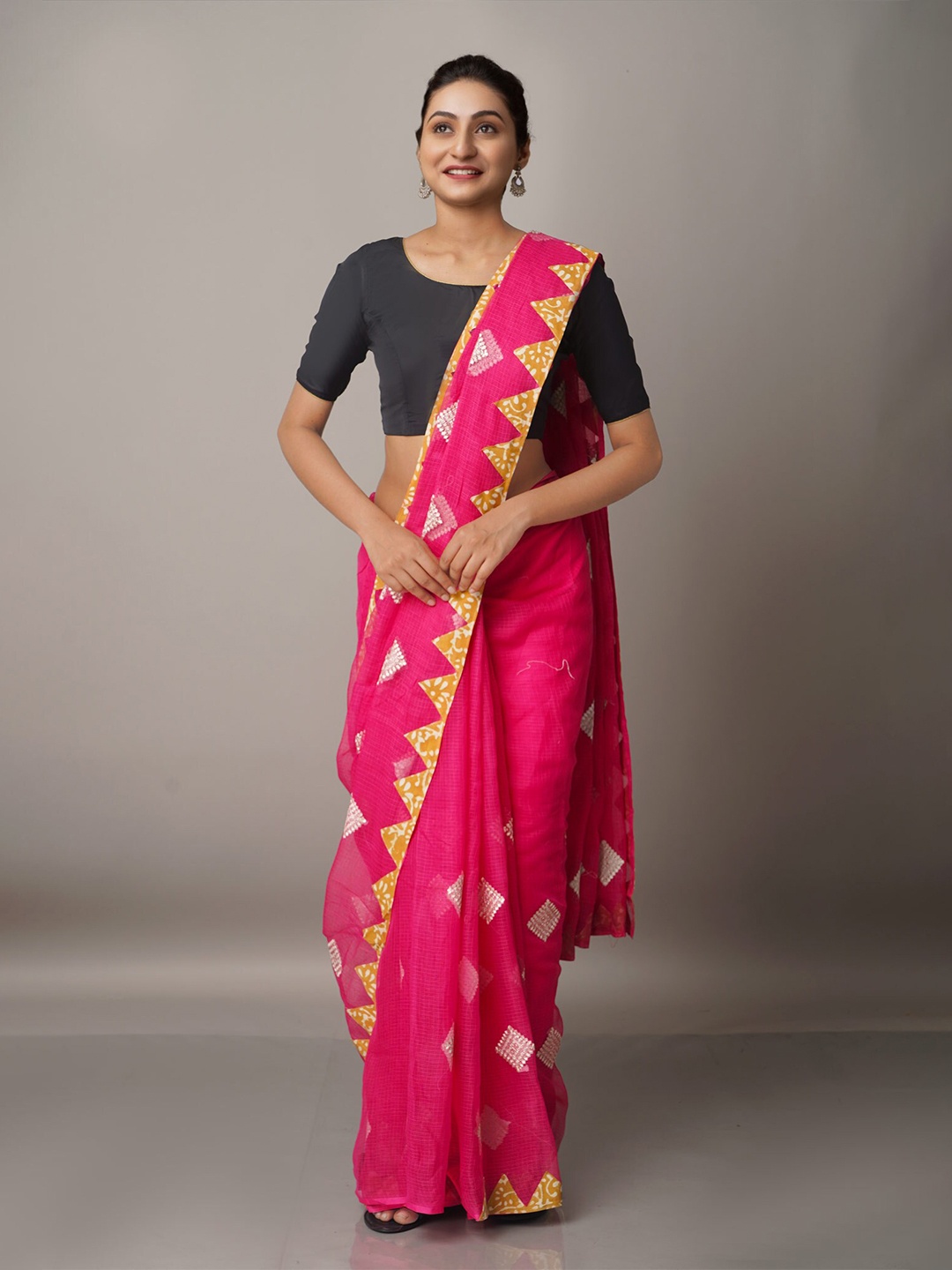 

Unnati Silks Pink & Yellow Ethnic Motifs Patchwork Supernet Patola Saree