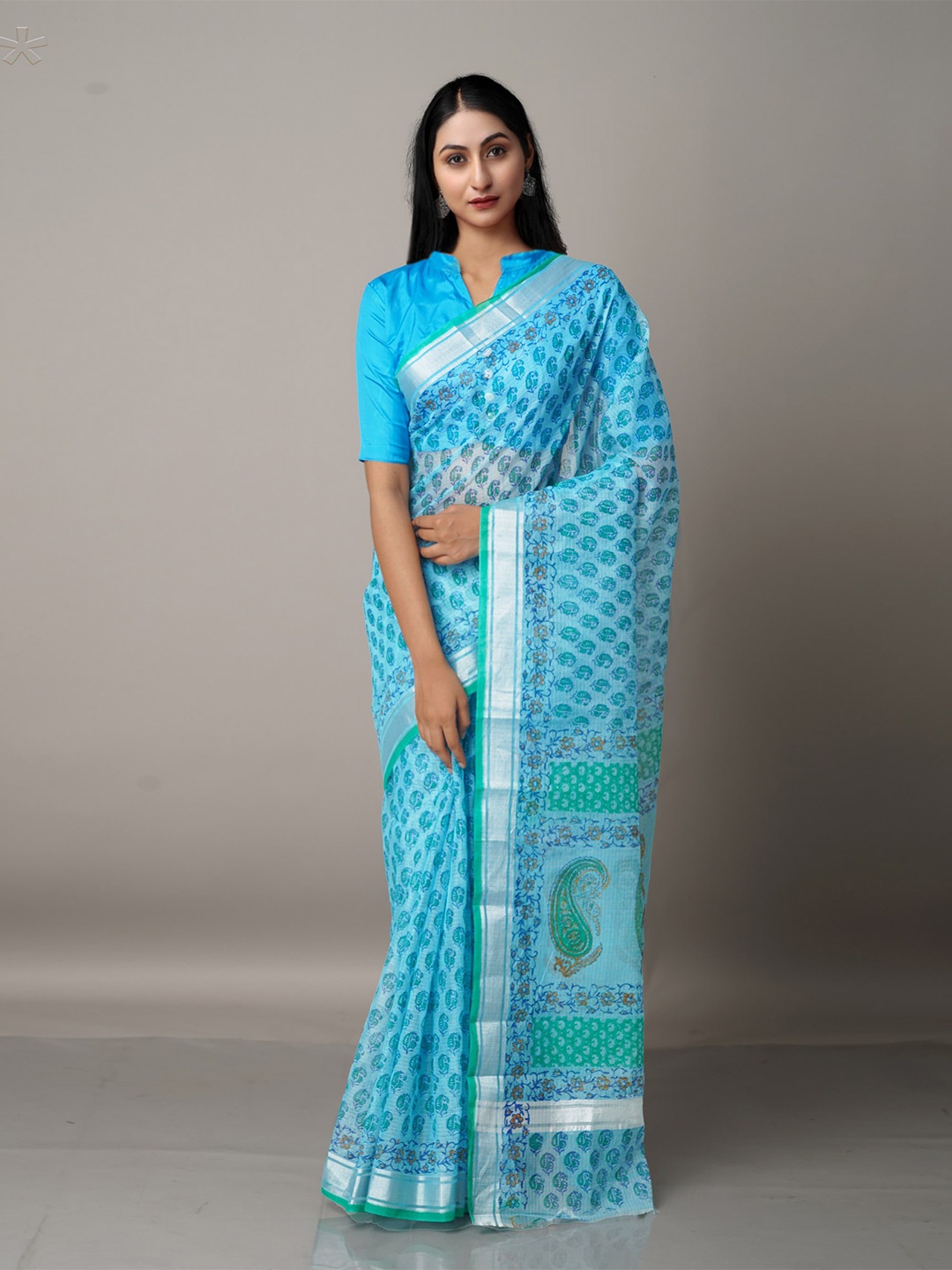 

Unnati Silks Blue & Silver-Toned Ethnic Motifs Zari Pure Cotton Kota Saree
