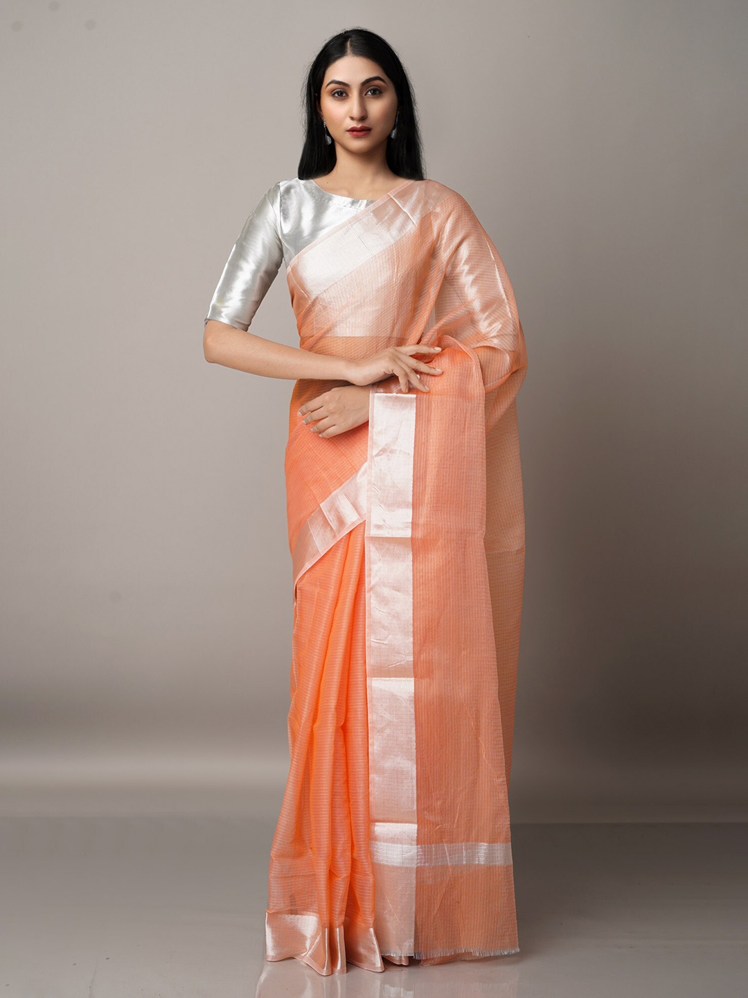 

Unnati Silks Orange & Silver-Toned Checked Zari Pure Cotton Kota Saree