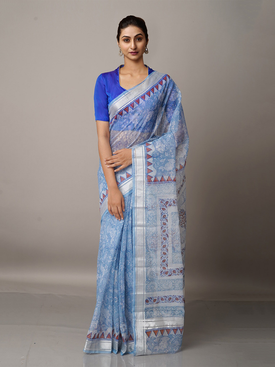

Unnati Silks Blue & Silver-Toned Ethnic Motifs Zari Pure Cotton Kota Saree