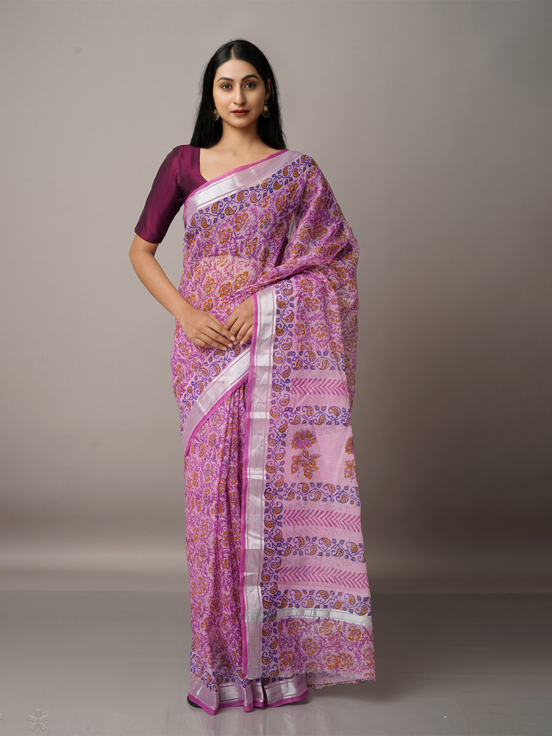 

Unnati Silks Pink & Orange Ethnic Motifs Zari Pure Cotton Kota Saree