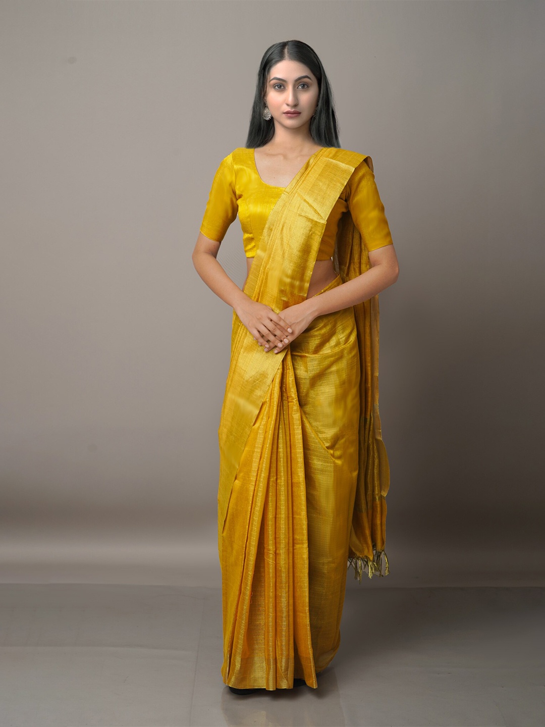 

Unnati Silks Mustard & Gold-Toned Striped Silk Cotton Chanderi Saree
